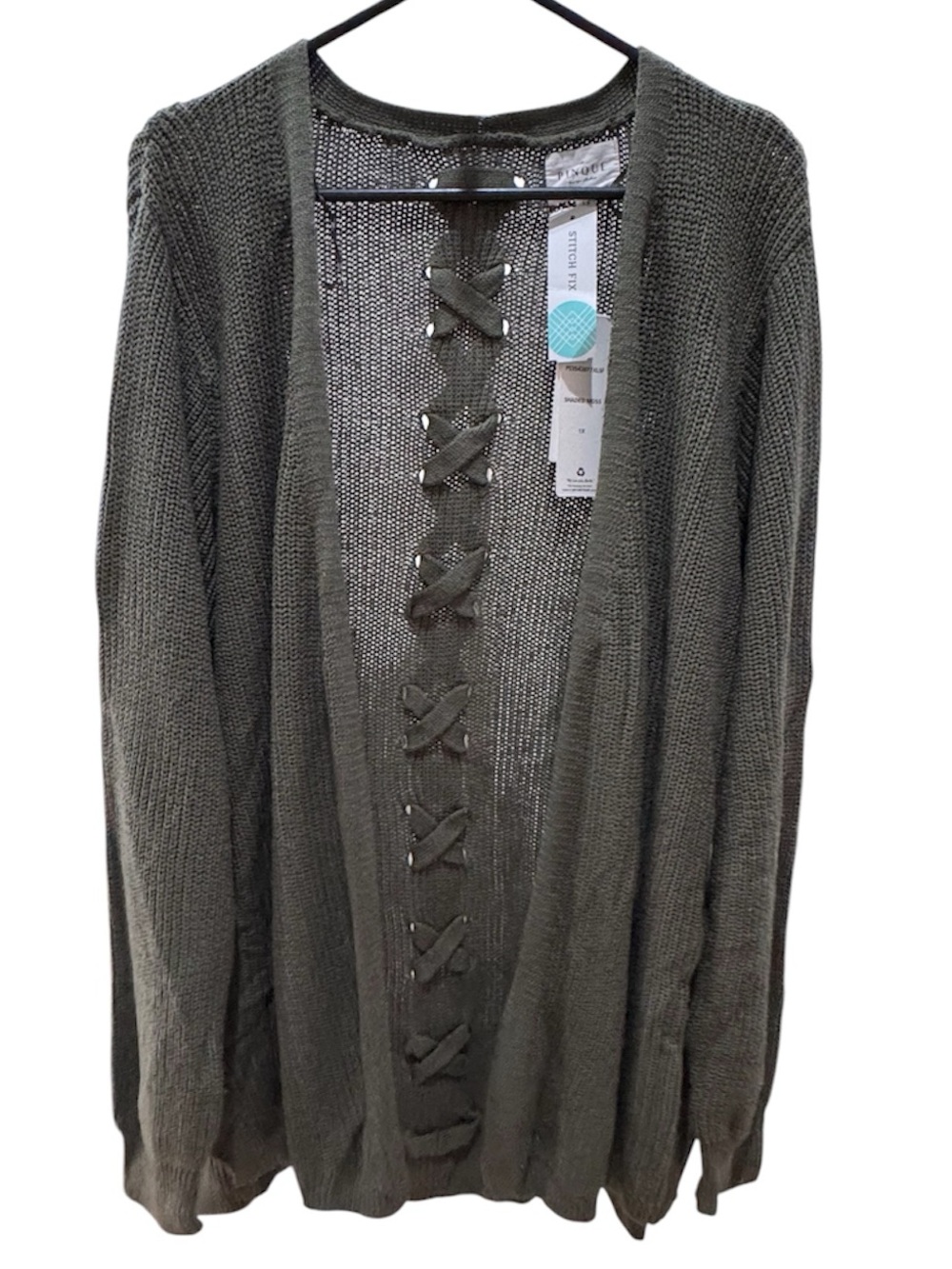 Womens Olive Open-Front Cardigan with Center Lace-Up Detail